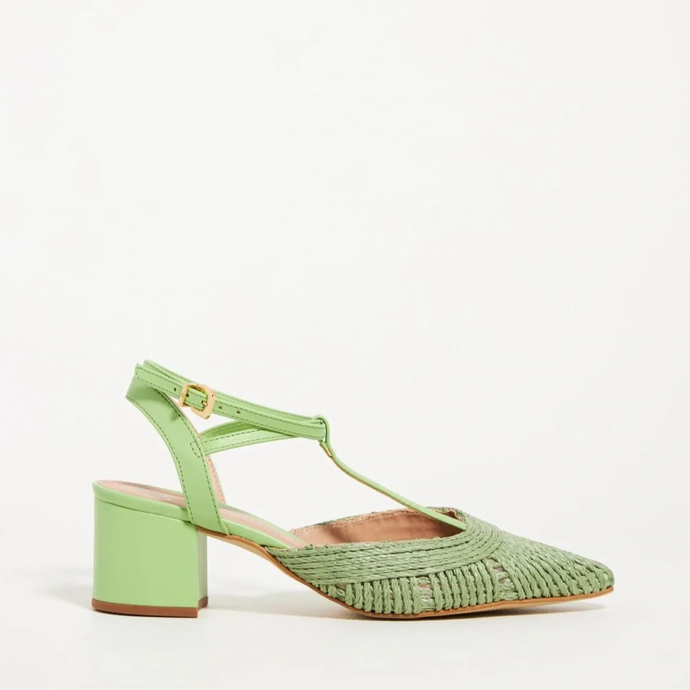 Anthropologie Mint Green Woven Pointed-Toe Block Heel Sandals - Picture 2 of 9